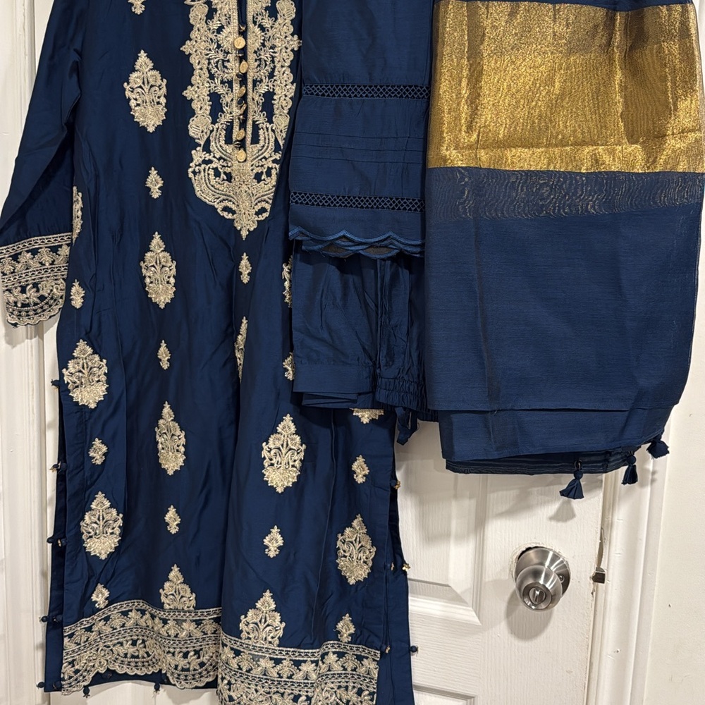 Elegant Navy Blue and Gold Embroidered Dress
